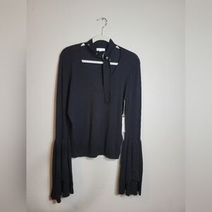 Leith Black Bell Sleeve Blouse with Tie Front